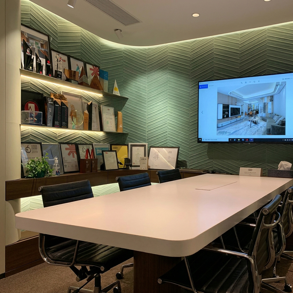 Artwill conference room at the Wan Chai studio: awards shelf, project rendering on screen, designer table and chairs