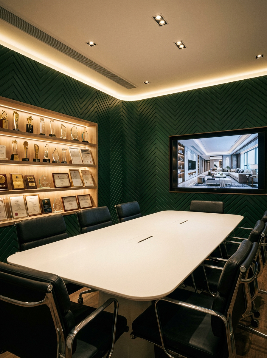 The Artwill Wan Chai studio conference room with chevron green wall and illuminated awards shelf