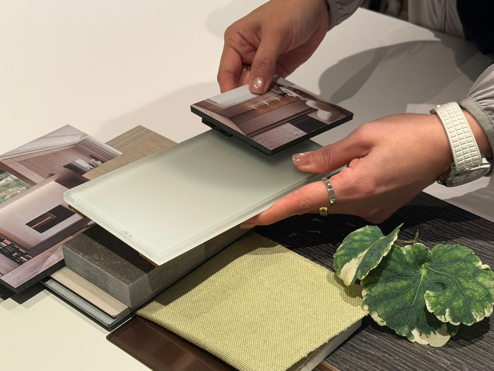 Flooring and material samples laid out at Artwill for a Hong Kong renovation