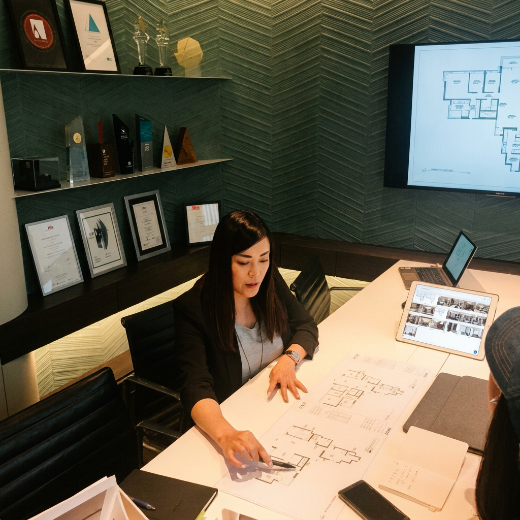 Regina Kwok discussing a renovation budget and quotation with a client at the Artwill studio