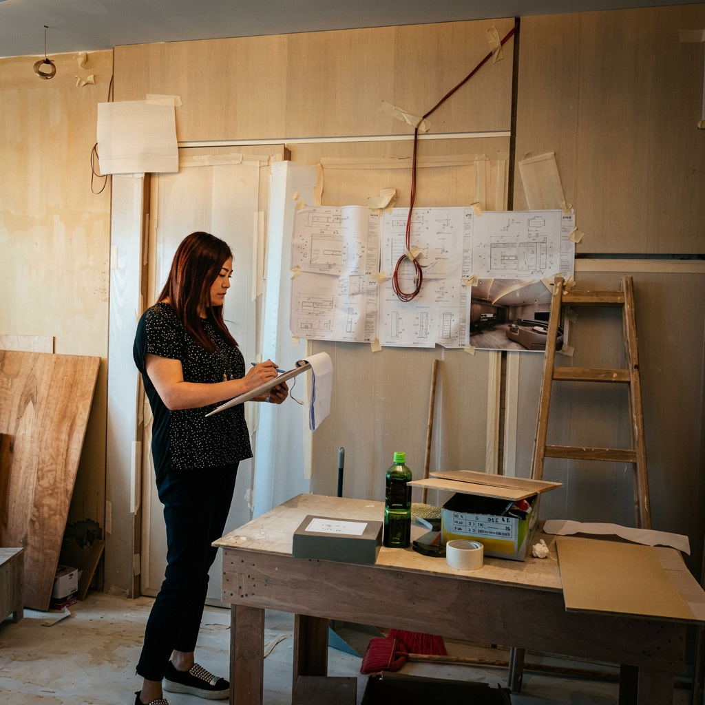 Regina Kwok reviewing joinery drawings at the carpentry workshop