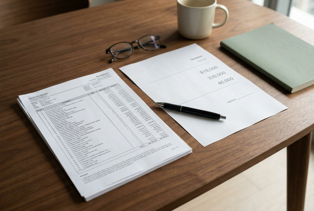 Two renovation quotations side by side on a desk, one a detailed itemised breakdown by trade and one only a few large round numbers