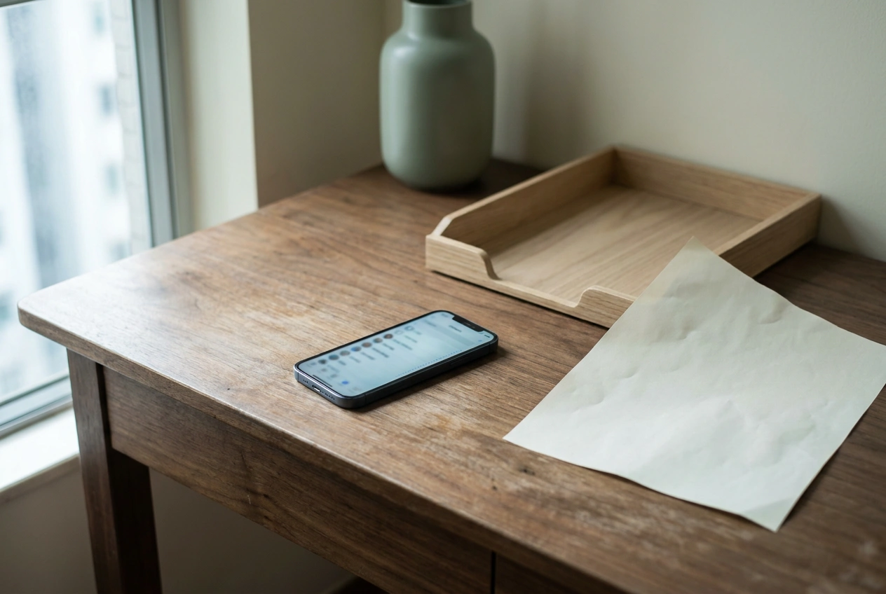 A single mobile phone showing a contact number resting on an empty desk with no contract or paperwork, illustrating a firm with no fixed address