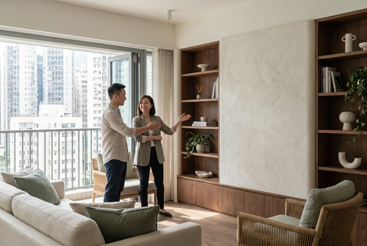 A prospective client viewing a completed Hong Kong flat in person with a designer, examining joinery and finishes during a site visit