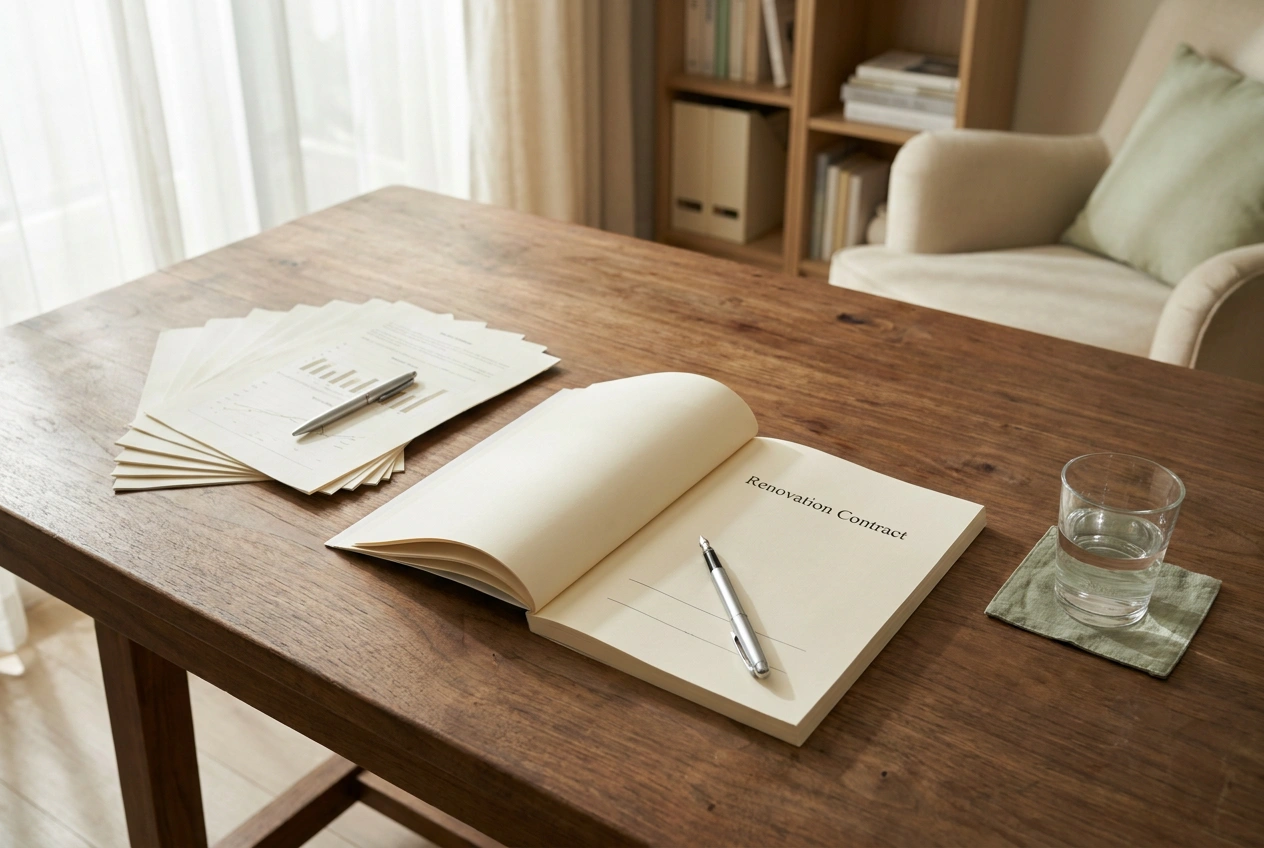 A signed renovation contract with a stamped programme of dates and a payment-stage schedule laid out on a studio table with a pen