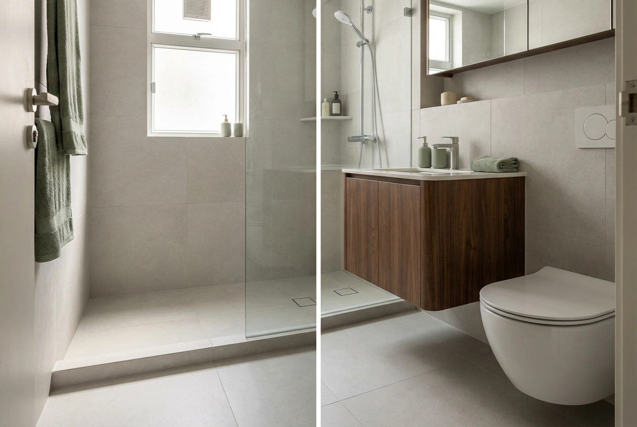 Hong Kong bathroom with a clear glass shower screen separating the wet shower zone from a dry area with basin and toilet