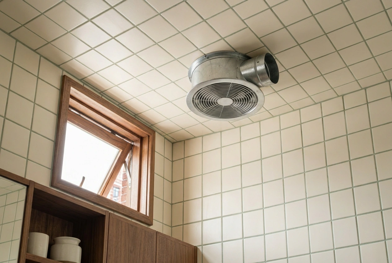Hong Kong bathroom ceiling extractor fan venting outside near a window, with moisture-resistant tiling clearing humid air