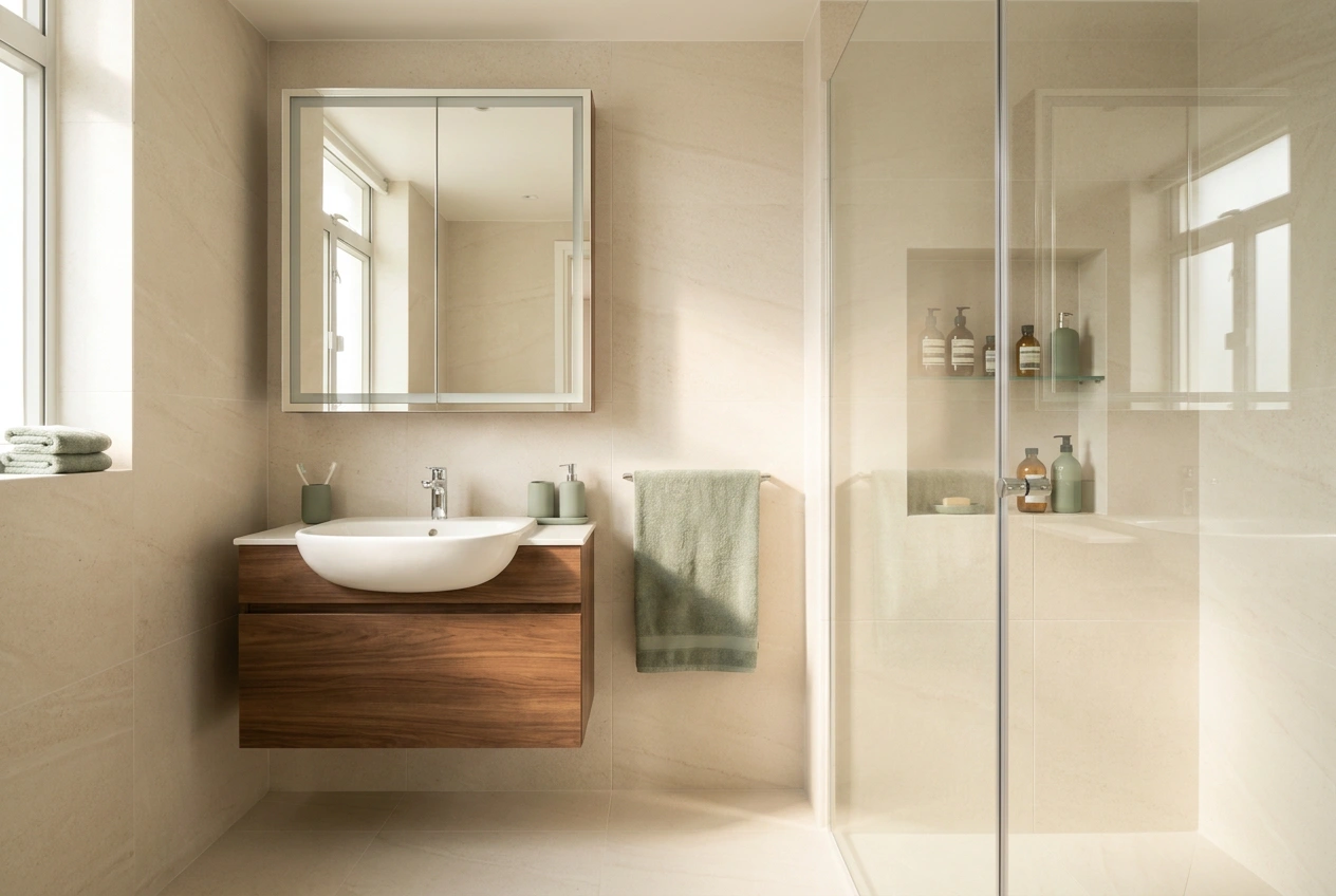 Small Hong Kong bathroom with wall-hung basin, recessed shower niche and a mirrored cabinet bouncing light around the room