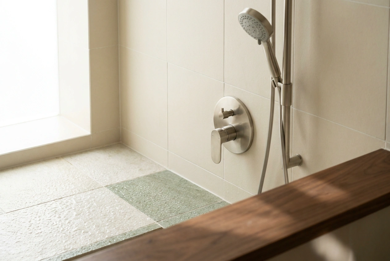 Detail of a quality shower mixer and slip-resistant floor tiles in a Hong Kong bathroom, finished with neat grout lines