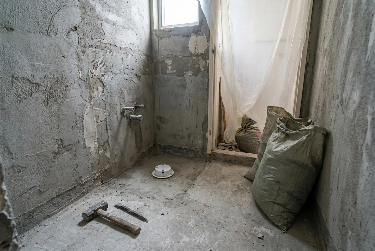 A small Hong Kong bathroom stripped back to bare cement render, with the bathtub removed, pipe stubs capped and the floor drain covered