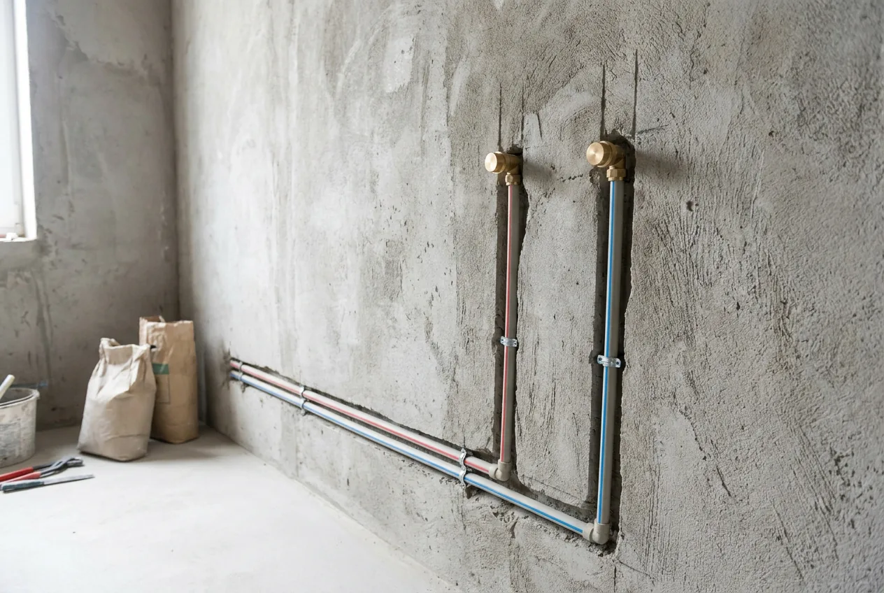 New hot and cold supply pipes with red and blue stripes, clipped into chased grooves in a bare cement bathroom wall and ending in capped brass outlets