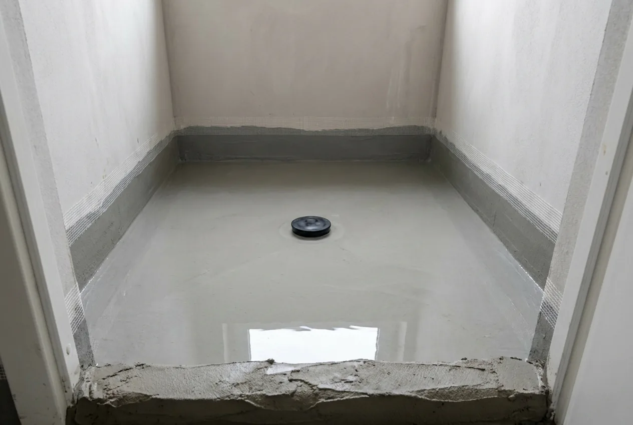 A ponding test on a newly waterproofed bathroom floor, with shallow water over the grey coating, the floor drain plugged and a mortar dam across the doorway