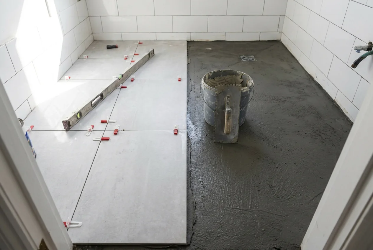 Large pale grey floor tiles being laid in a bathroom with levelling clips, a spirit level across the tiles and a notched trowel in a bucket of adhesive