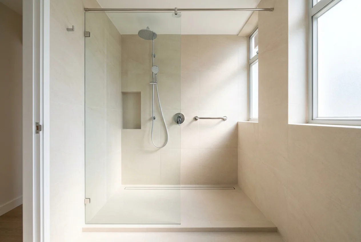 A walk-in shower where a bathtub used to be, with one fixed glass panel, an open entry, a linear drain and a grab bar beside the mixer