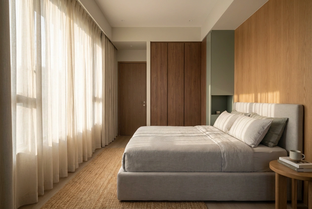 Compact Hong Kong bedroom planned around a double bed with a clear path to the door and wardrobe, calm uncluttered layout