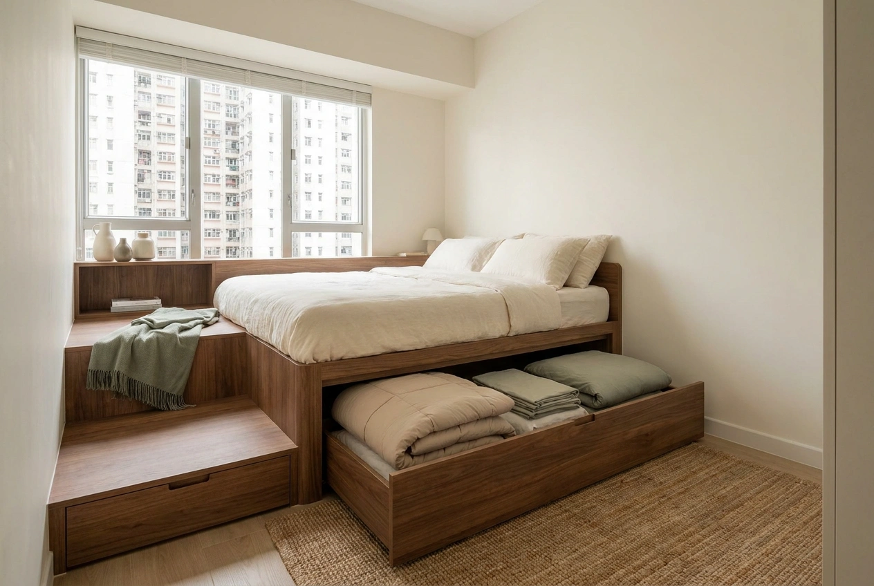Hong Kong bedroom with a platform bed on a raised base, deep storage drawers pulled out below and steps doubling as storage