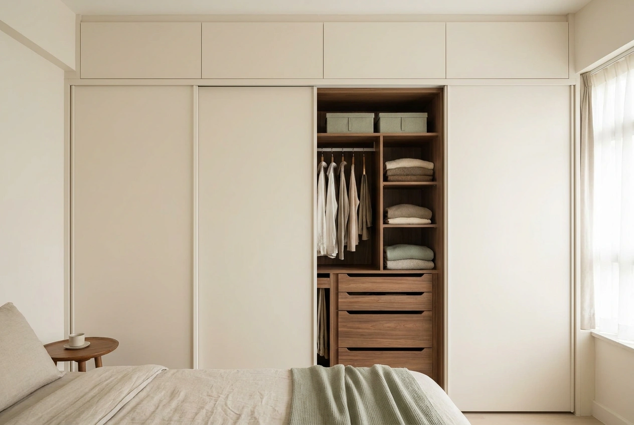 Built-in floor-to-ceiling wardrobe with sliding doors fitting an entire wall of a Hong Kong bedroom, interior fitted with shelves
