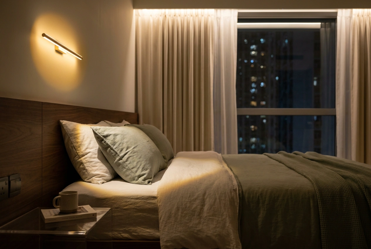 Hong Kong bedroom at night lit with warm dimmed ambient light and a wall-mounted bedside reading light, restful low glow