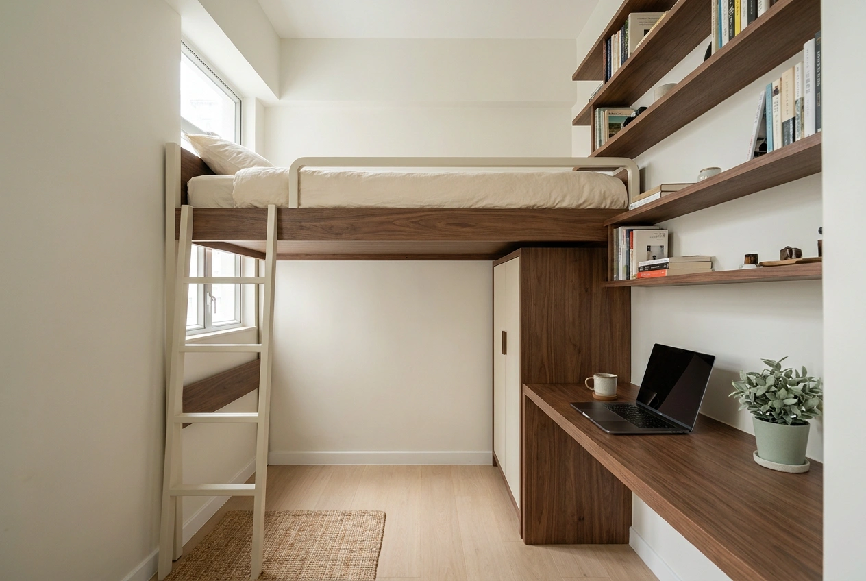 Mini Hong Kong bedroom with a loft bed lifted above a desk and wardrobe below, wall shelves keeping the floor clear