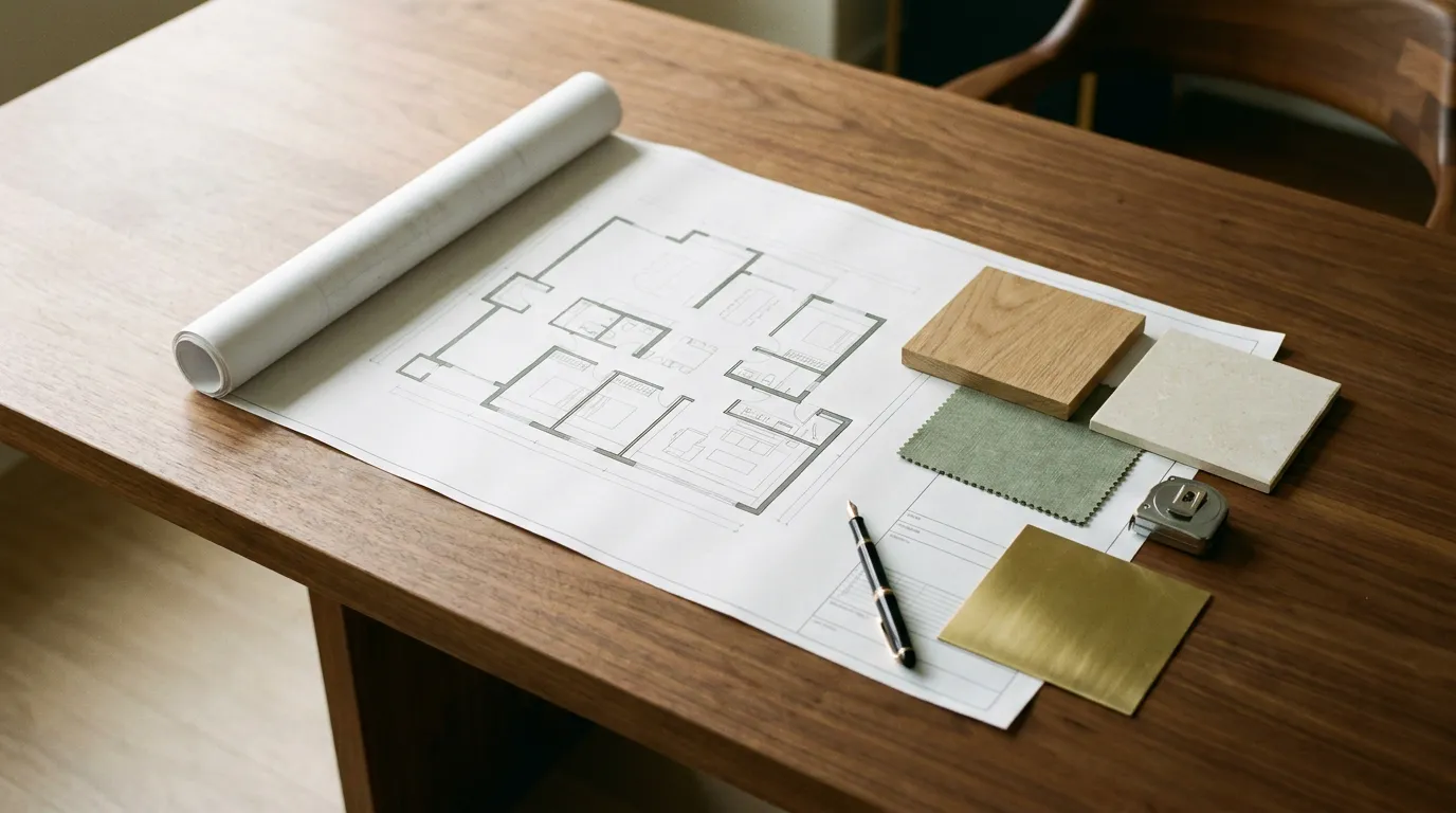 An architectural floor plan and material samples (oak veneer, sage fabric, cream stone, brushed brass) arranged on a warm walnut consultation desk