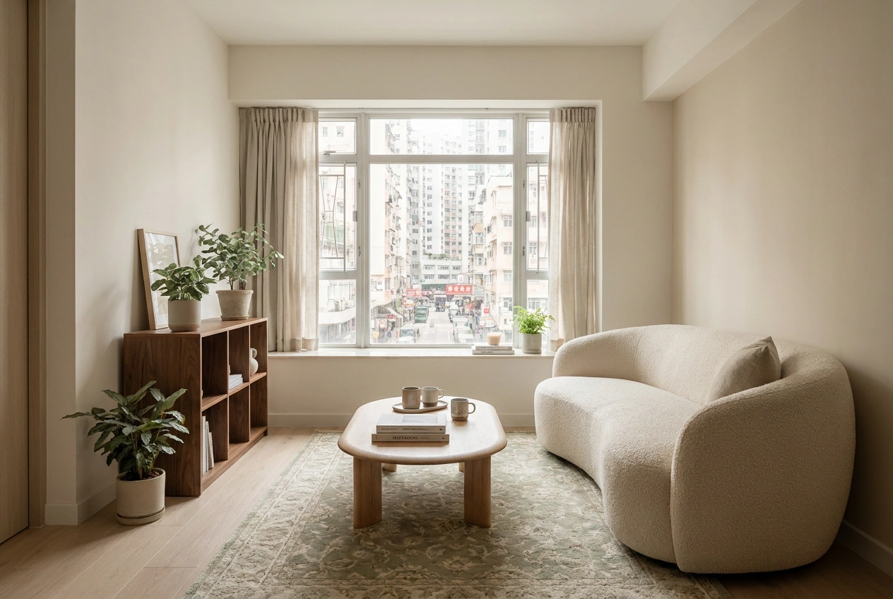 Cream style living room in a Hong Kong flat with warm off-white walls, a rounded boucle sofa and soft natural light