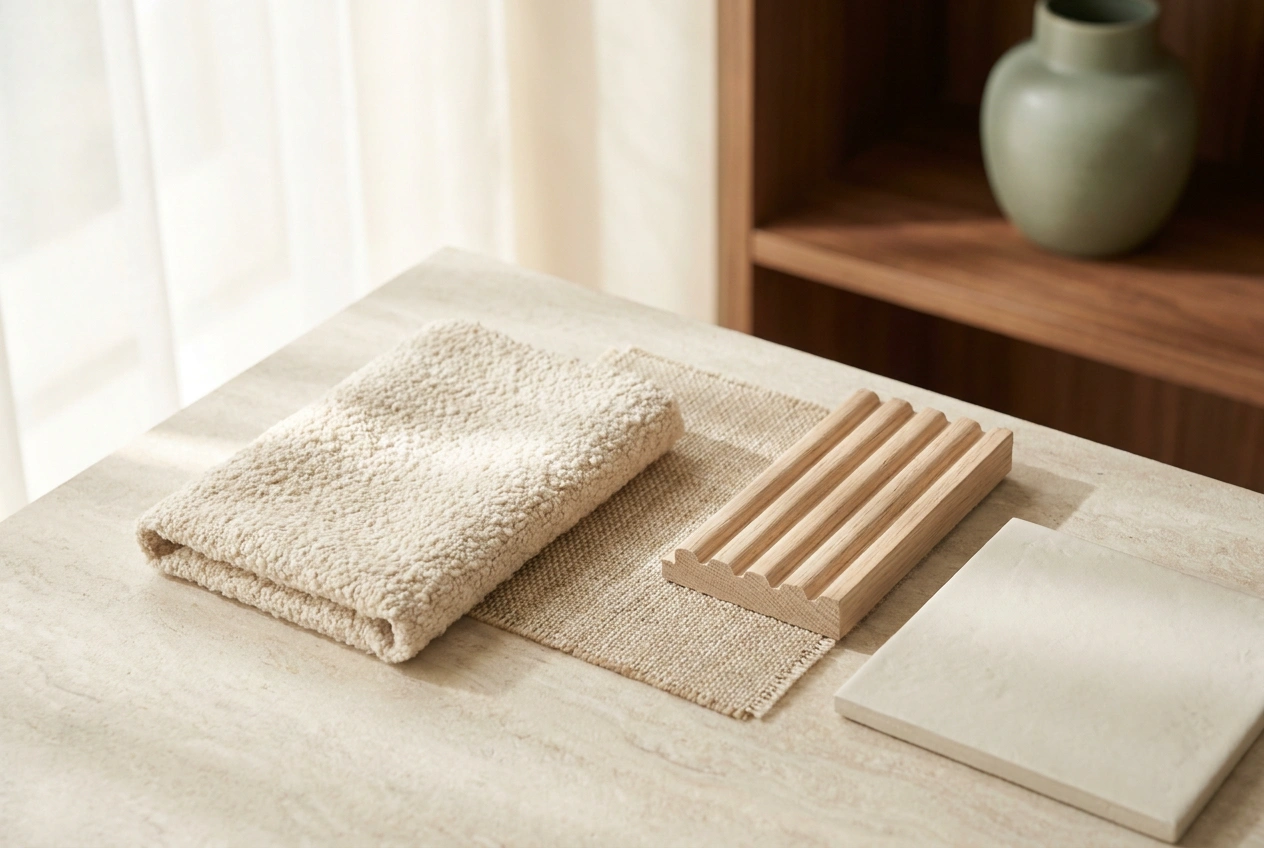 Close arrangement of cream style materials including boucle fabric, fluted timber and matt off-white finishes under warm light