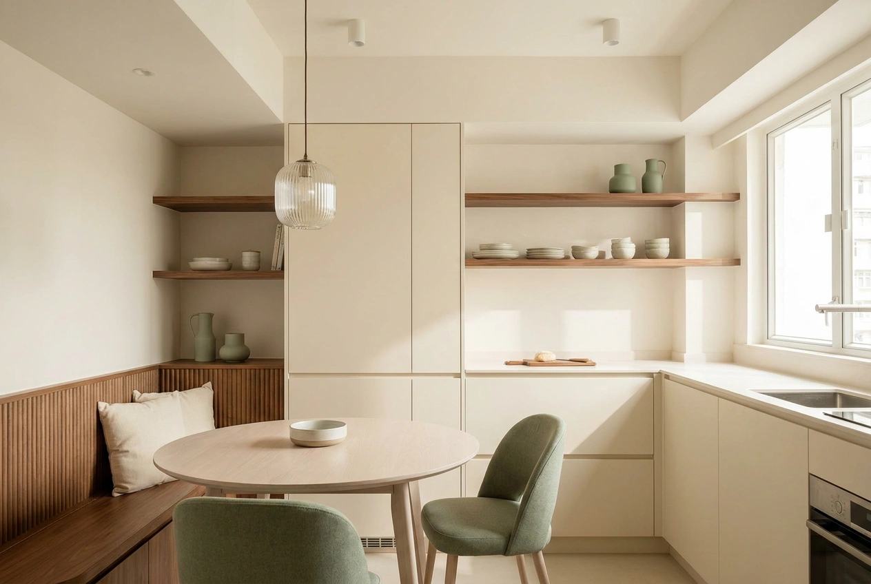 Small Hong Kong flat kitchen and dining area in cream style with built-in joinery that blends into the warm white walls