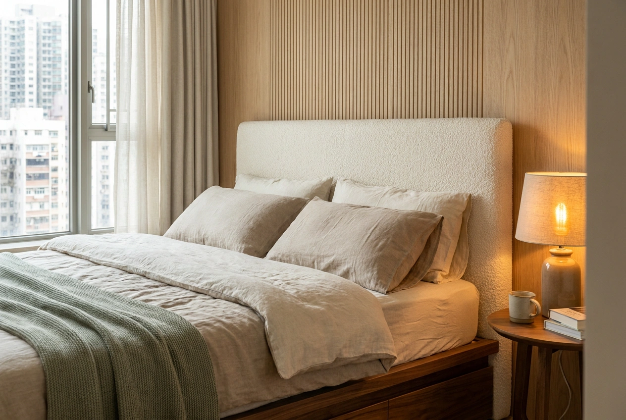 Cream style bedroom corner in a Hong Kong flat showing layered texture in fabric, timber and a subtle ribbed wall panel