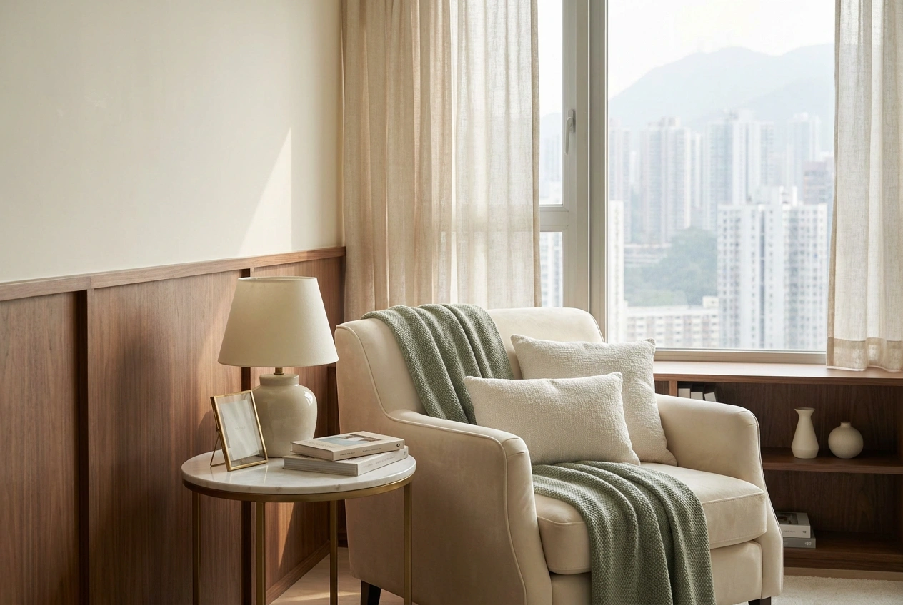 Cream style interior with a light luxury accent showing a marble-look surface and brass detail against warm neutral walls