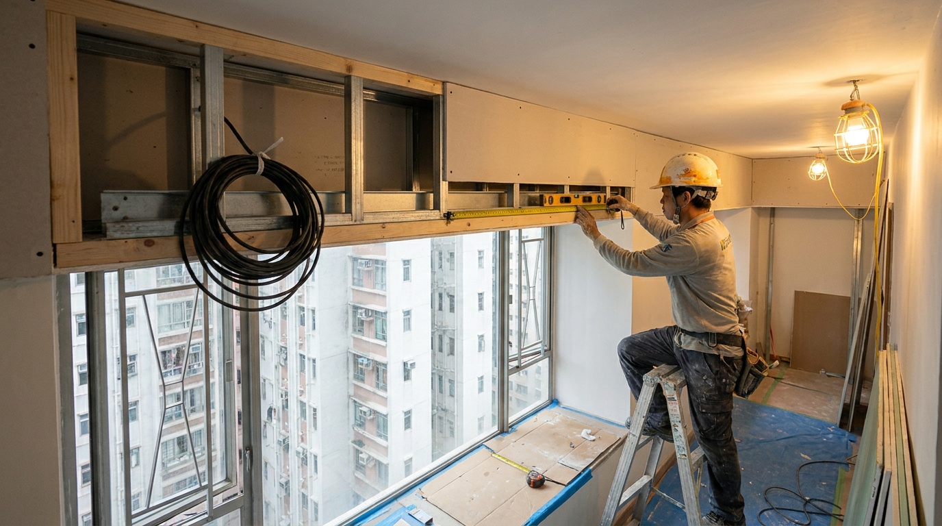 A false-ceiling pelmet recess being built above a window during a Hong Kong renovation, with the curtain track line and a concealed power feed set out before the ceiling is closed.