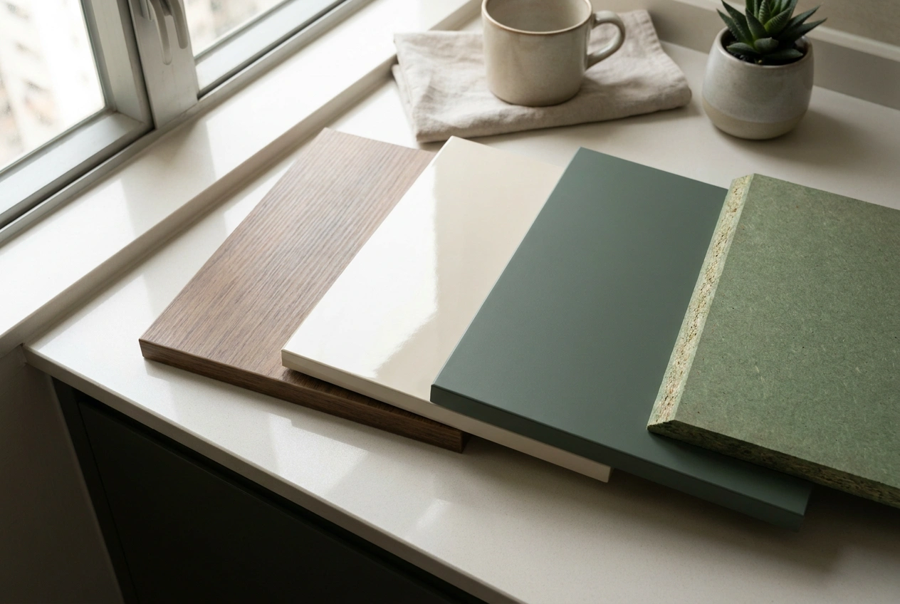 Custom kitchen cabinet door samples in a Hong Kong home, matt melamine, acrylic gloss and lacquer fronts laid beside a moisture-resistant carcass edge