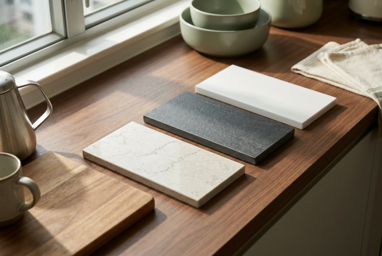 Worktop material samples for a Hong Kong kitchen, a quartz slab, a sintered stone piece and a solid surface offcut arranged on a custom cabinet run