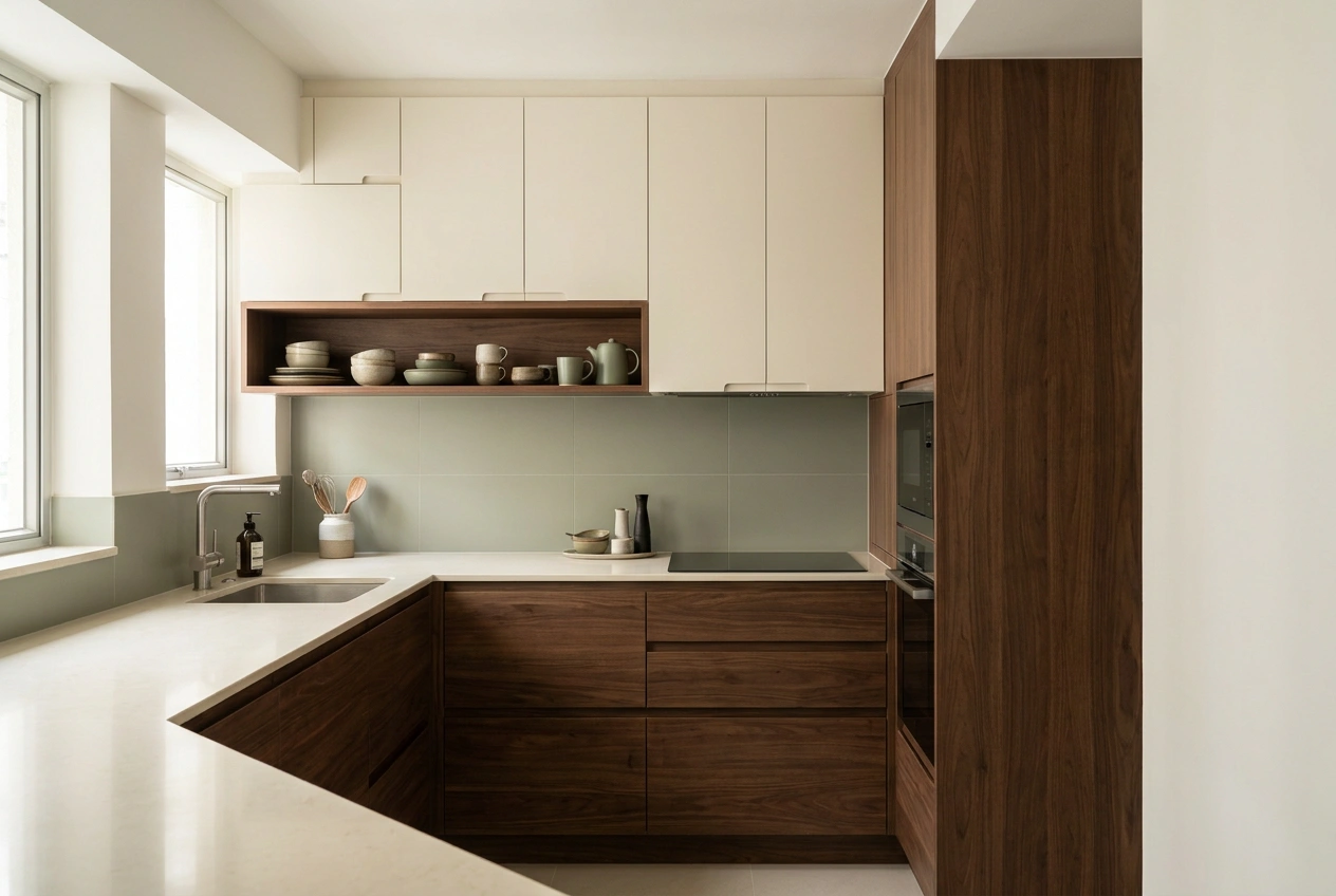 A compact Hong Kong kitchen with deep lower drawers, upper cabinets, open shelving and a tall pantry tower arranged around the sink and hob