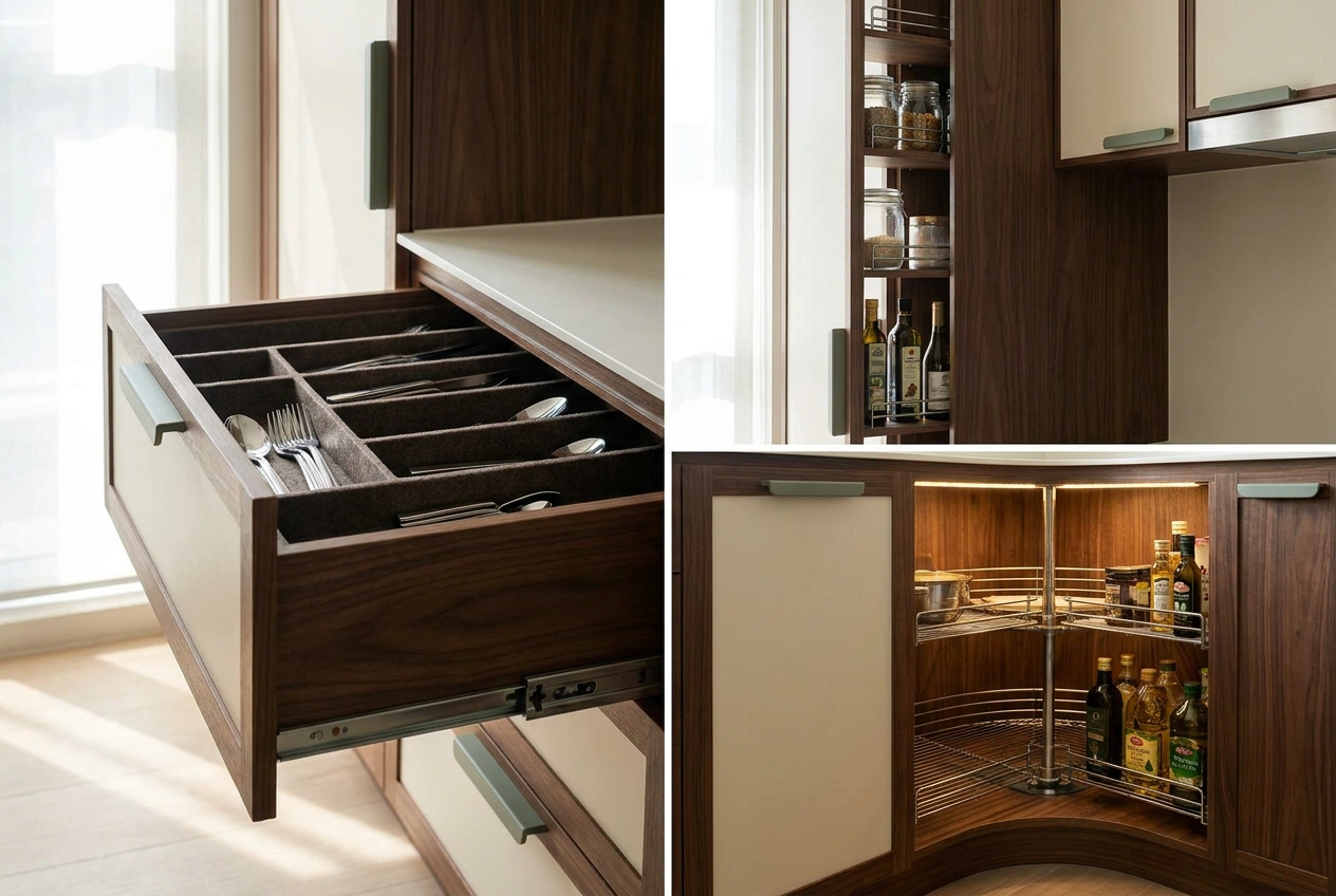 Inside a Hong Kong kitchen cabinet showing a soft-close drawer runner, a pull-out larder and a corner carousel for full-depth access