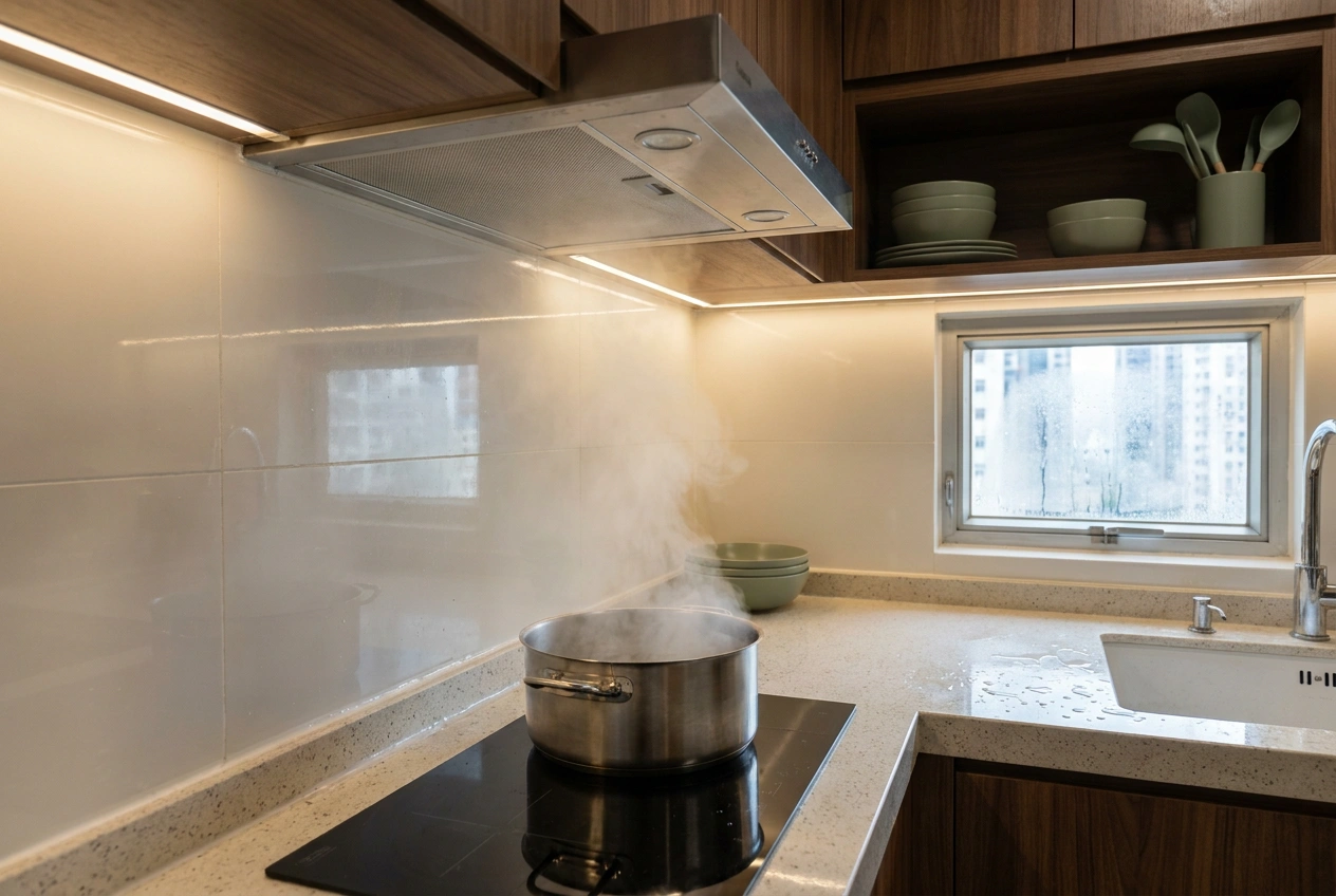 A Hong Kong kitchen detail with an extractor hood over the hob, sealed worktop edges around the sink and a wipe-clean splashback against steam