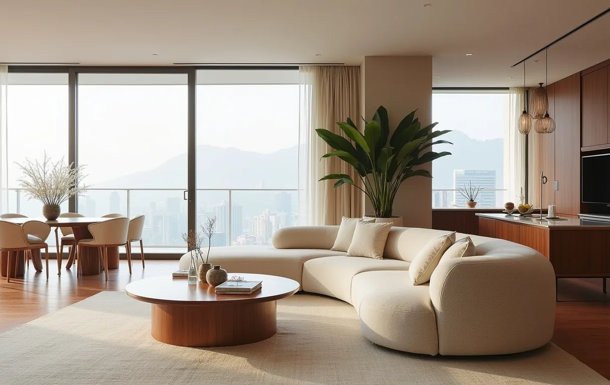A custom L-shaped sofa defining the lounge zone in a bright open-plan Hong Kong living room.