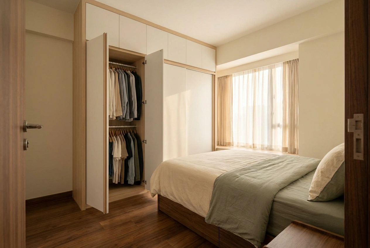A custom bedroom wardrobe in a Hong Kong flat shown half with hinged doors open and half with a sliding panel beside the bed