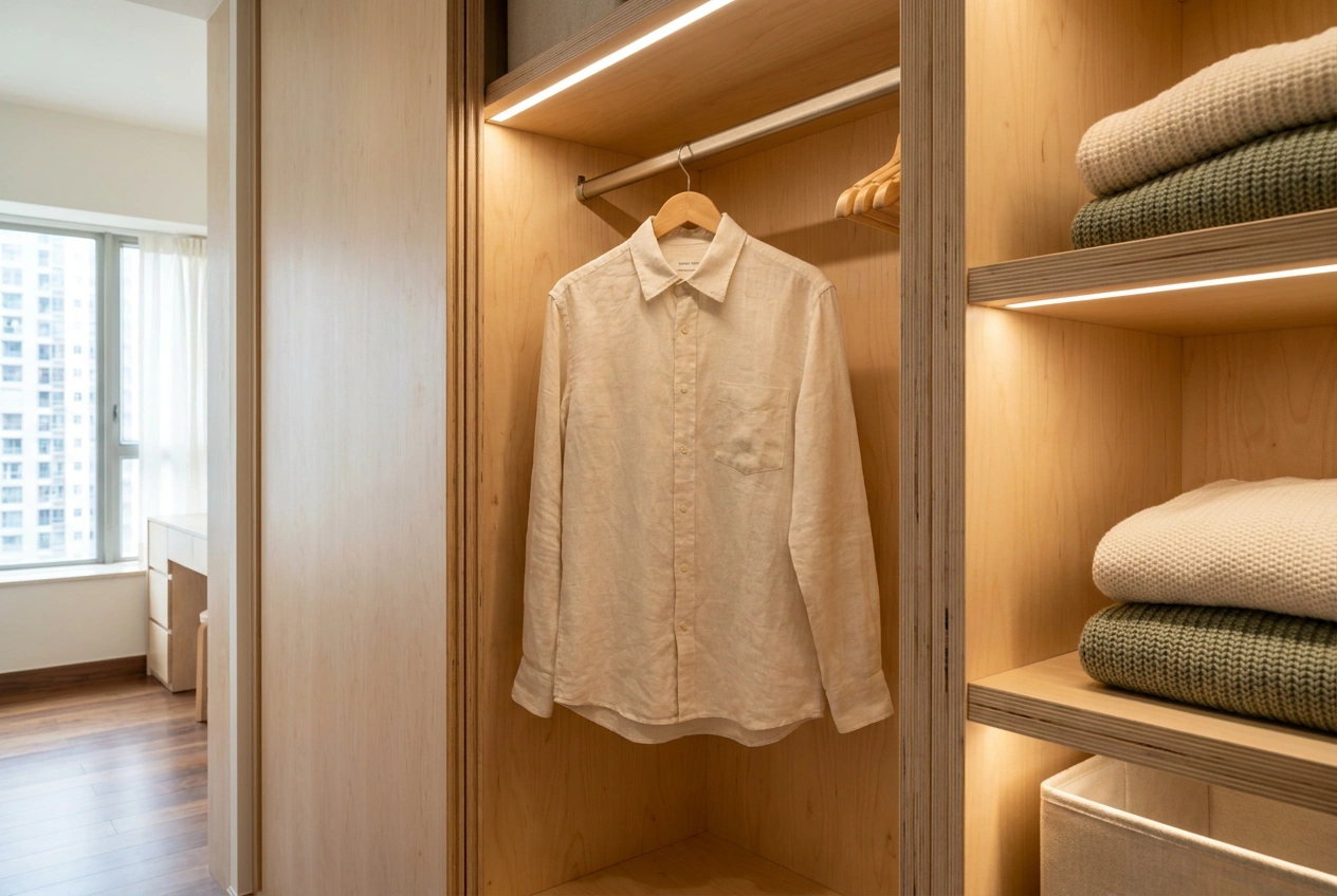 Cross section of a custom wardrobe interior in Hong Kong showing a hanging rail with a shirt on a hanger sitting square at the correct depth