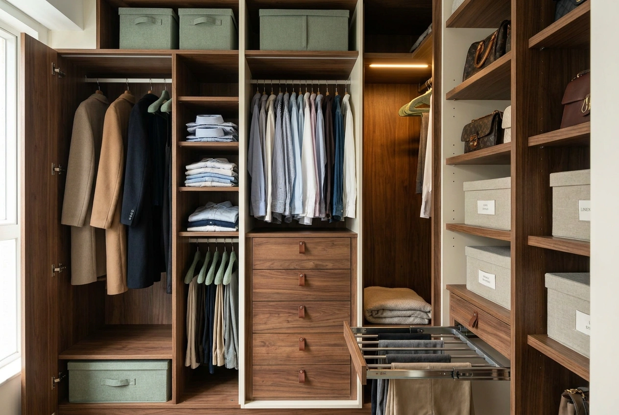 A well-planned custom wardrobe interior in a Hong Kong home with long-hang, double-hang rails, drawers, adjustable shelves and a pull-out rail