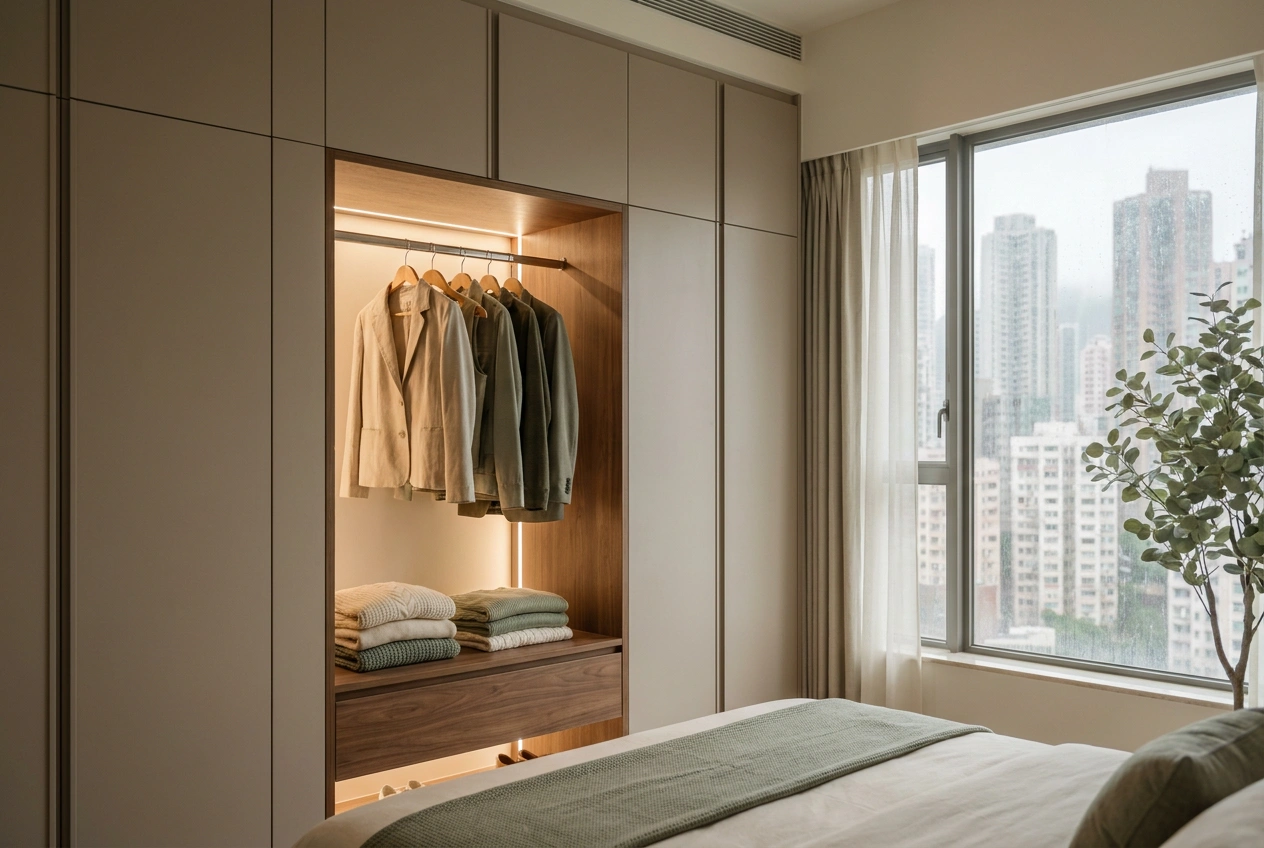 A hybrid Hong Kong wardrobe with closed matt doors for the bulk and one open styled section displaying folded knits and a few hung pieces