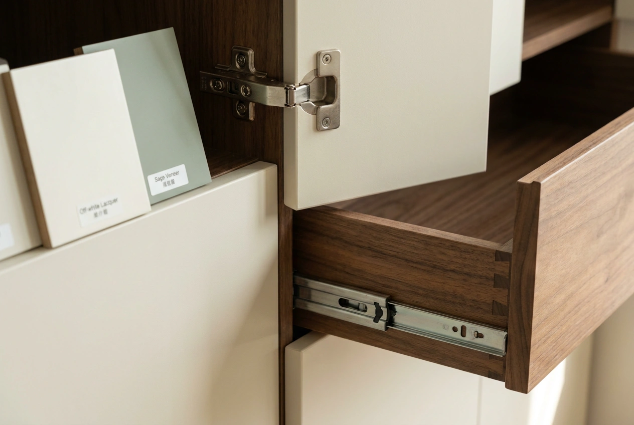 Close detail of wardrobe materials in a Hong Kong flat, a matt moisture-resistant door panel beside a soft-close hinge and a smooth drawer runner