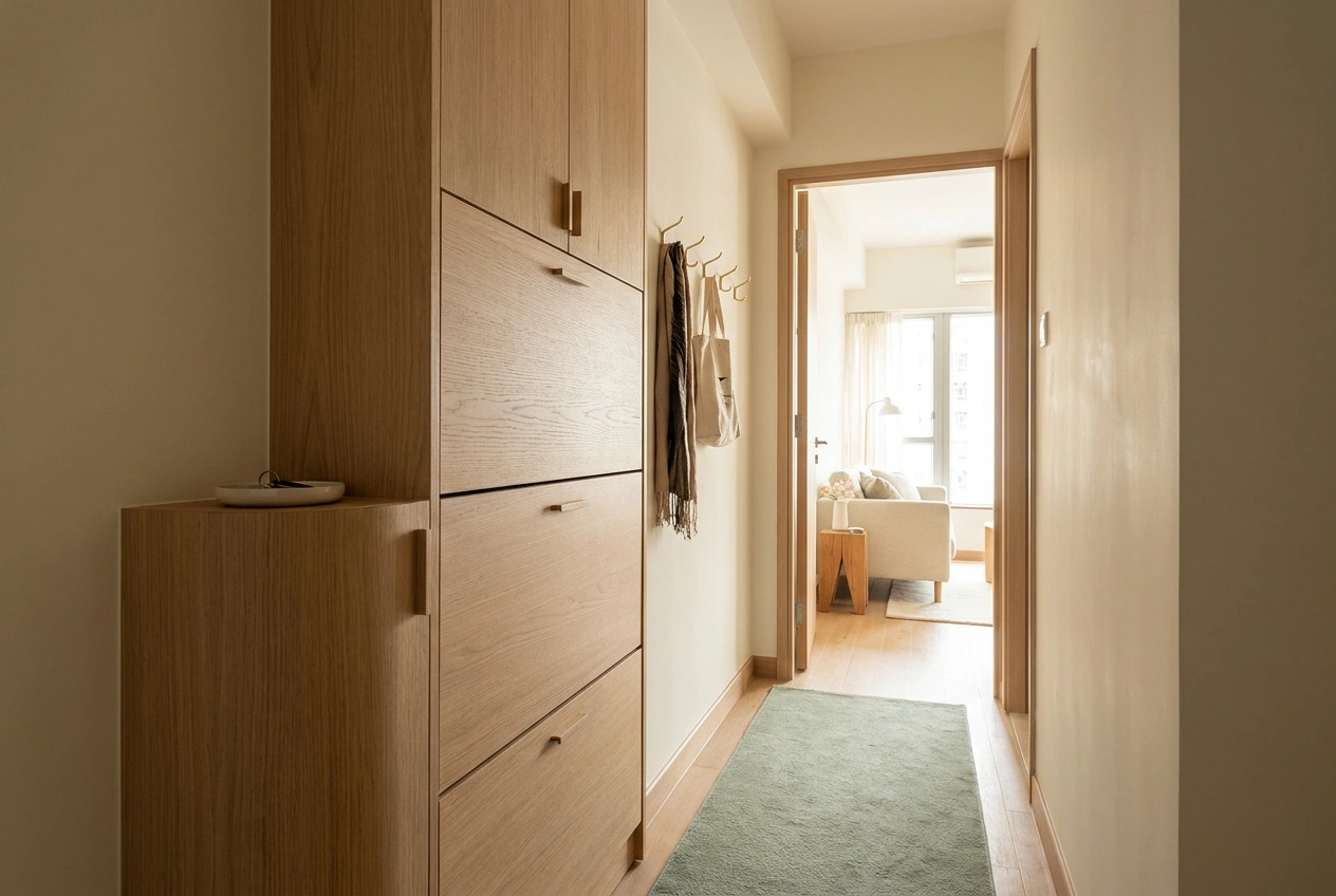 Compact entrance foyer in a Hong Kong flat with a slim shoe cabinet, a key tray and a coat hook by the front door