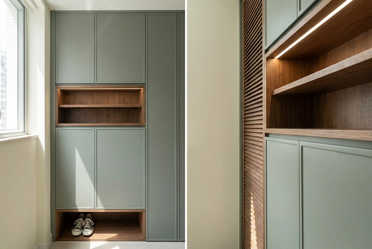 Full-height custom shoe cabinet in a Hong Kong foyer with an open base recess and a warm sensor strip light glowing inside open niches