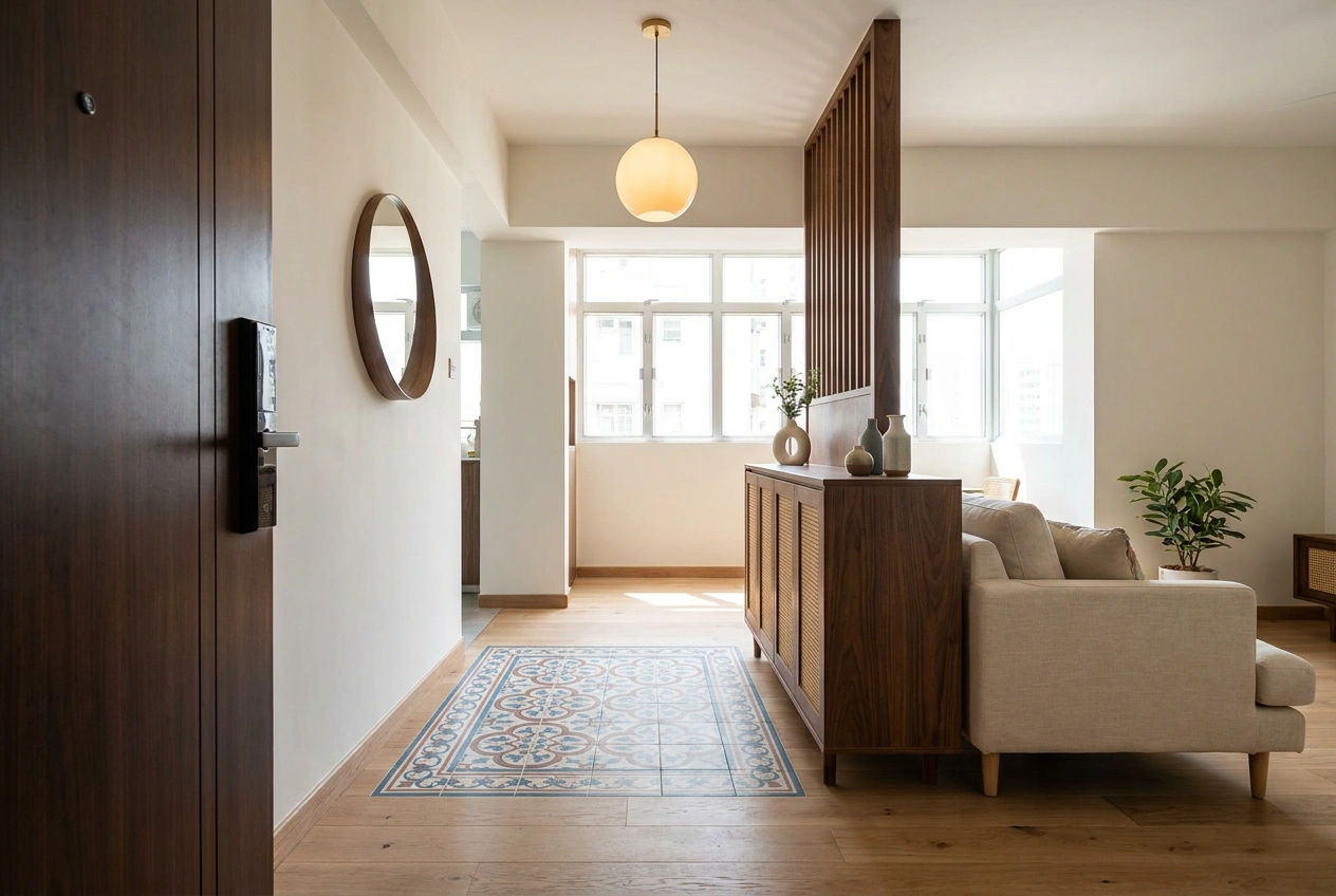 Half-height partition cabinet and a tile floor inset creating a foyer zone where the front door opens straight into a Hong Kong living room