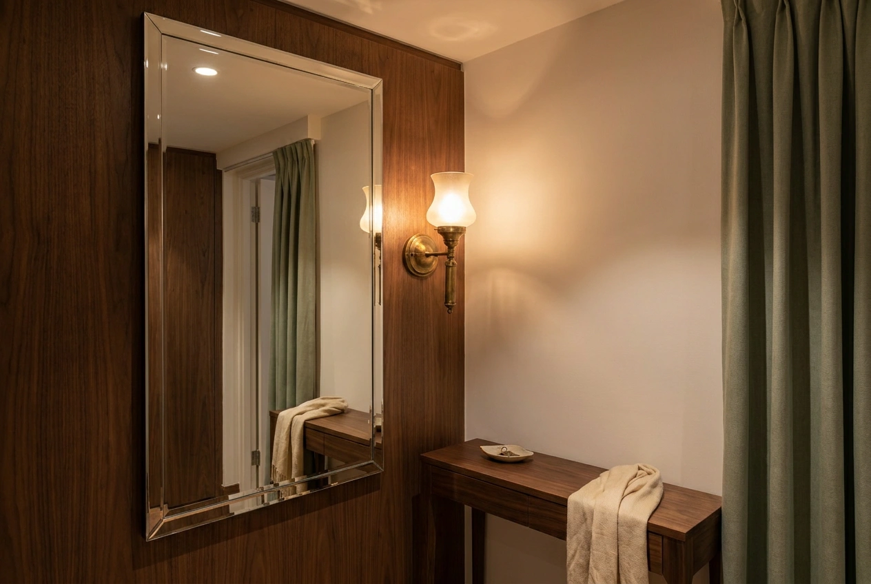 Windowless Hong Kong foyer layered with a soft overhead light, a warm wall sconce and a side-set mirror bouncing light across the entrance