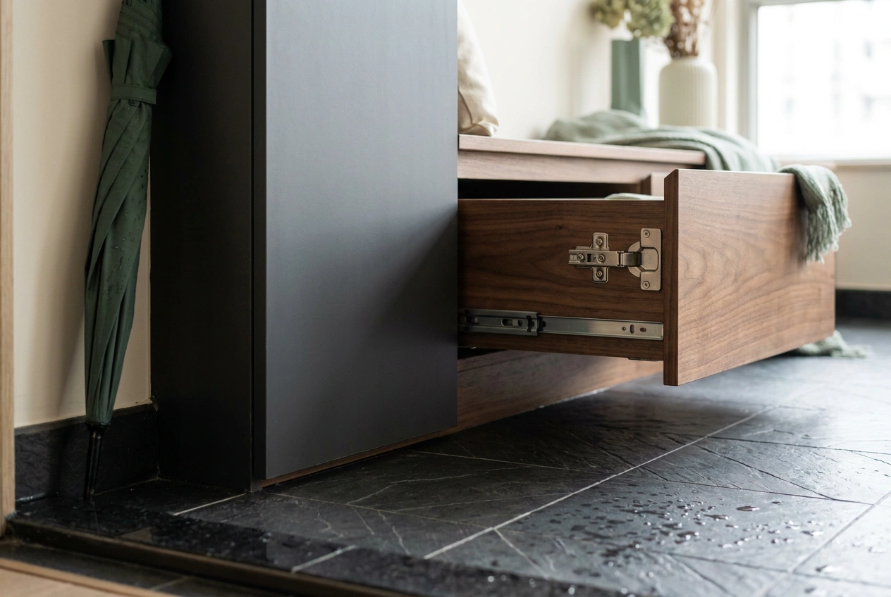 Hard-wearing entrance materials in a Hong Kong flat, a non-slip patterned floor tile beside a fingerprint-resistant matt cabinet door with soft-close hinge
