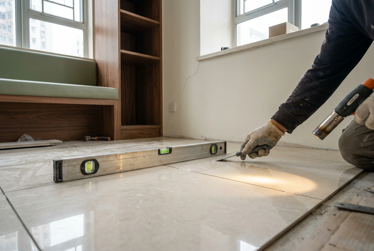 Inspector tapping floor tiles with a spirit level resting nearby in an empty Hong Kong flat, listening for the hollow sound of poor adhesion