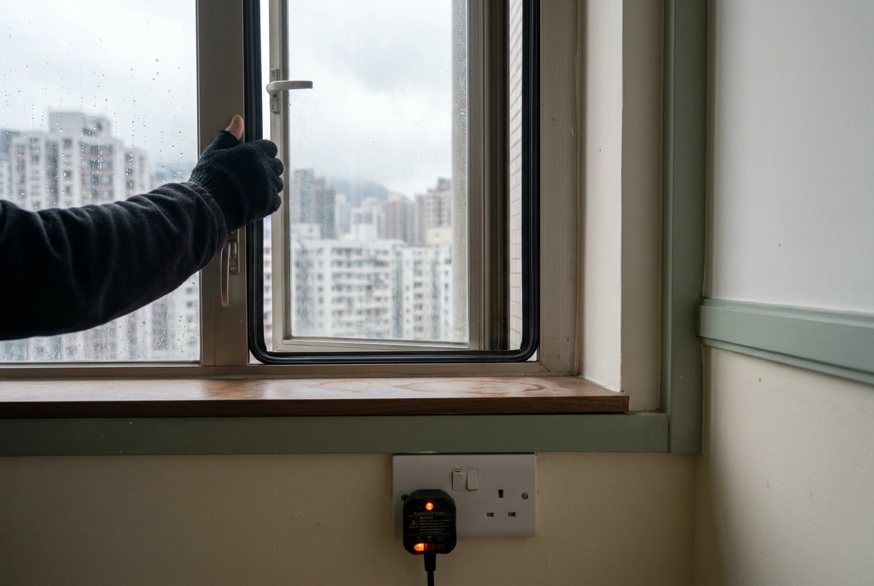 Hong Kong flat window being tested at handover for a proper seal, with a plug socket tester checking a nearby 220 volt outlet on the wall