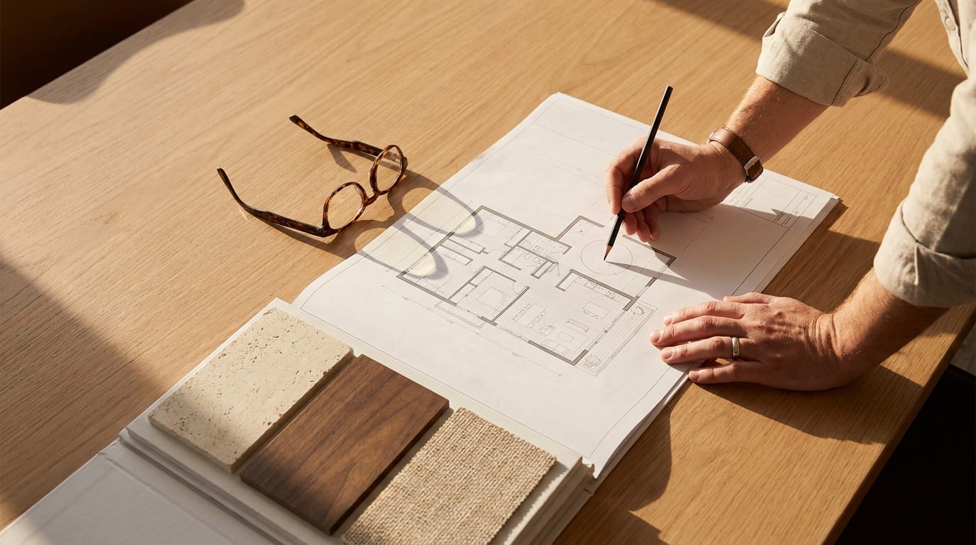 A designer marking renovation scope on an apartment floor plan beside stone, timber and fabric samples