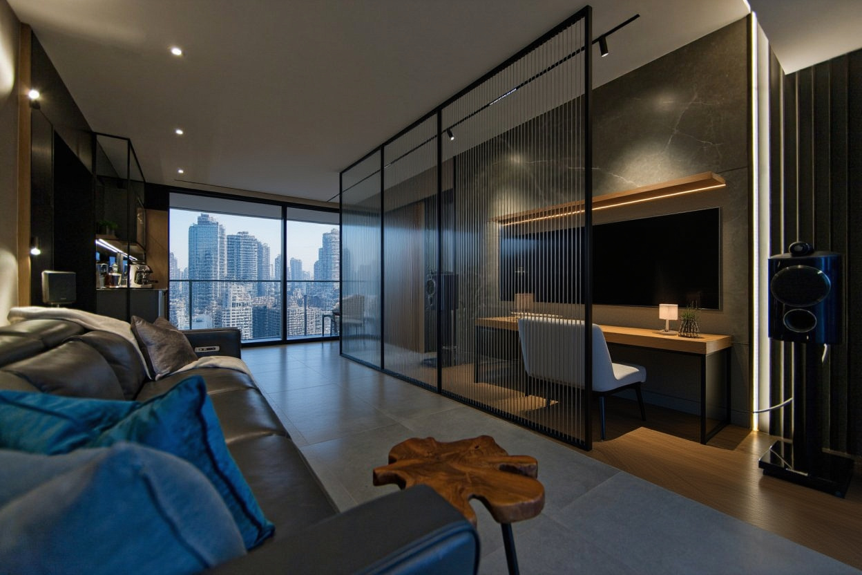 Glass partition room in a Hong Kong flat, a black-framed glass divider separating an open living room from a home study while keeping natural light, interior design by Artwill.